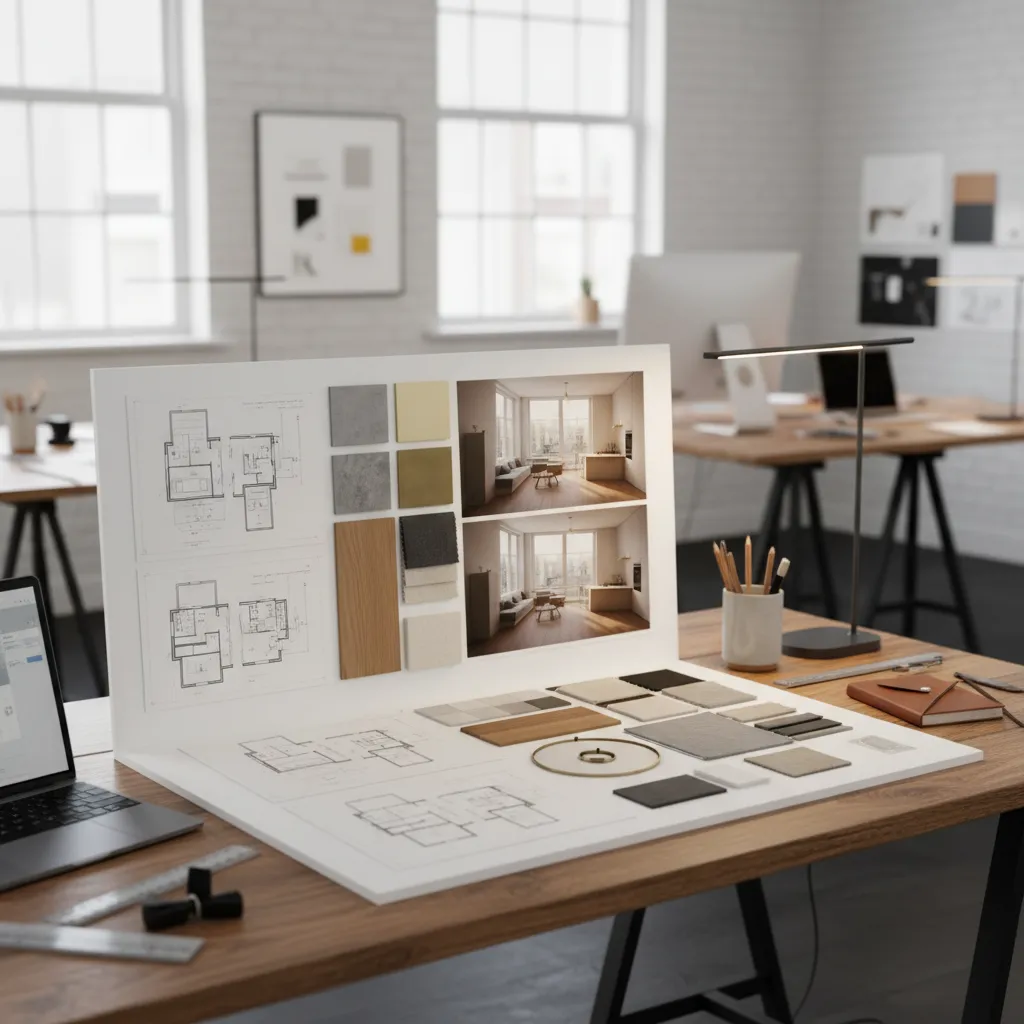 Presentación de proyecto de interiorismo con planos y renders