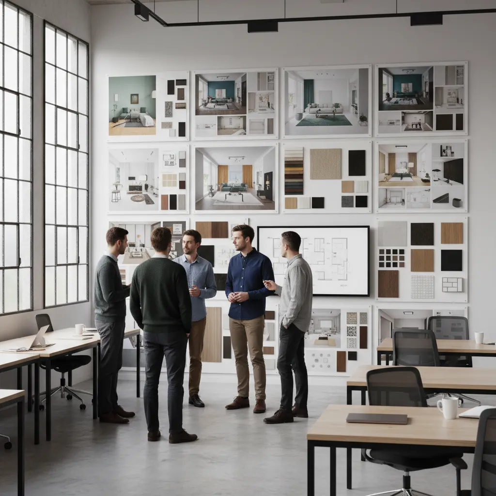 Presentación de proyecto de diseño de interiores con paneles y renders