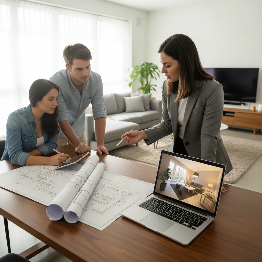 Professional designer presenting paper floor plans and laptop design drawing to couple in living room