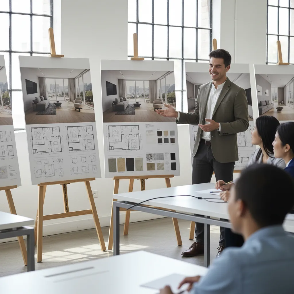 Presentación de proyecto de interiorismo con paneles, renders y planos
