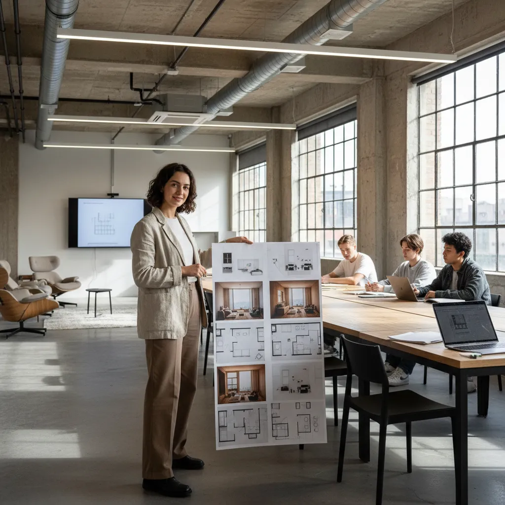 Estudiante presentando un proyecto de interiorismo