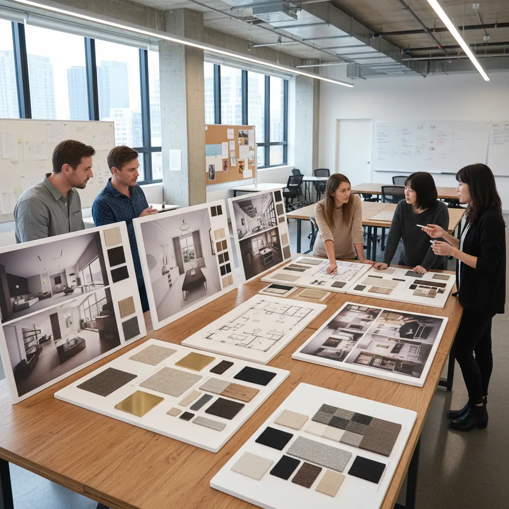 Presentación de proyecto de diseño de interiores con paneles y renders