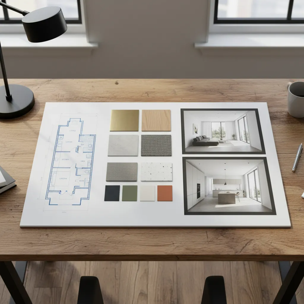 Interior design presentation board on wooden desk with blue floor plan and various material samples