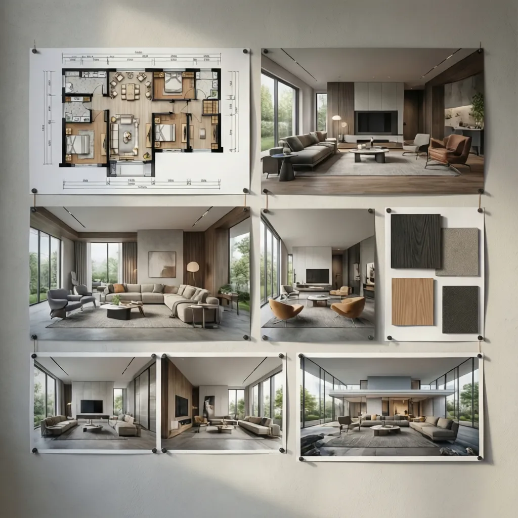 Serie de láminas de presentación mostrando un proyecto completo de interiorismo