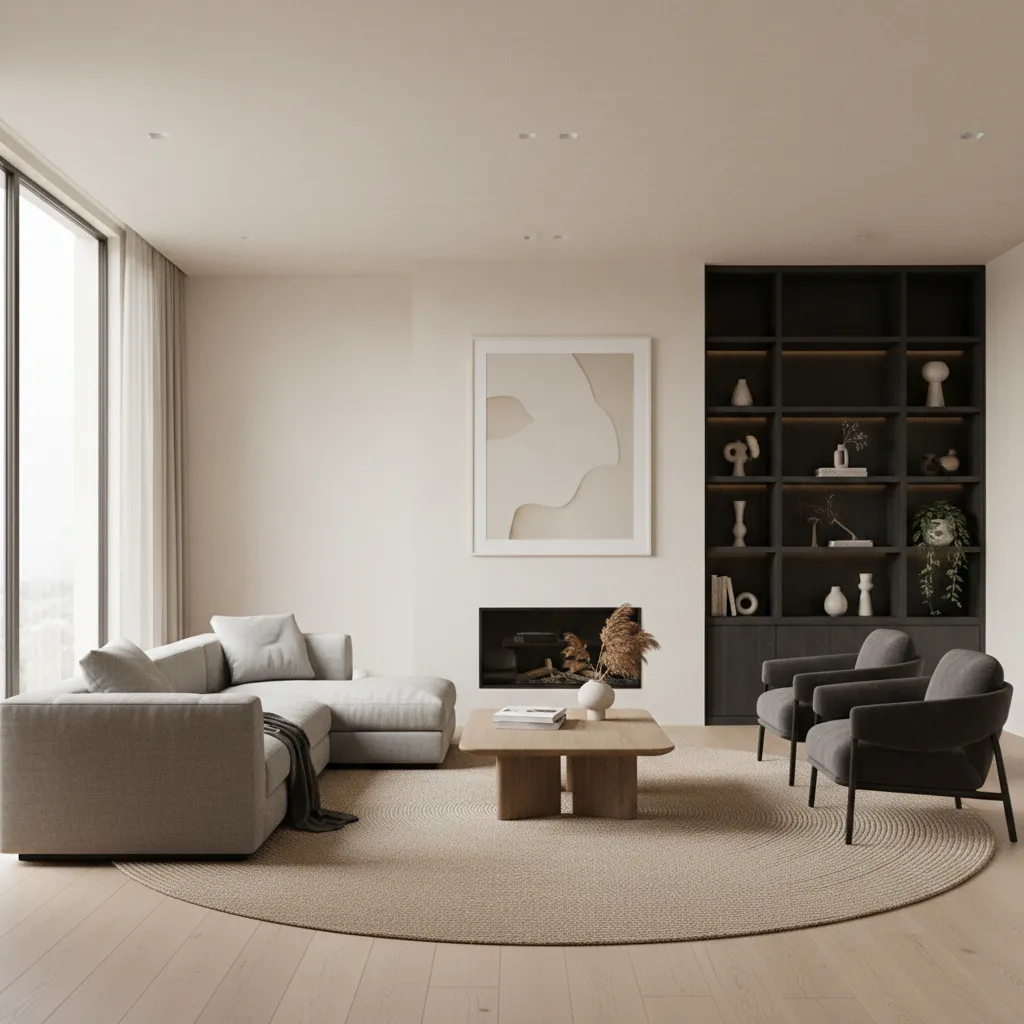 Photorealistic interior render preview of a modern living room design project