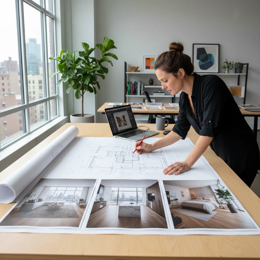 Diseñador revisando renders y planos de un proyecto residencial