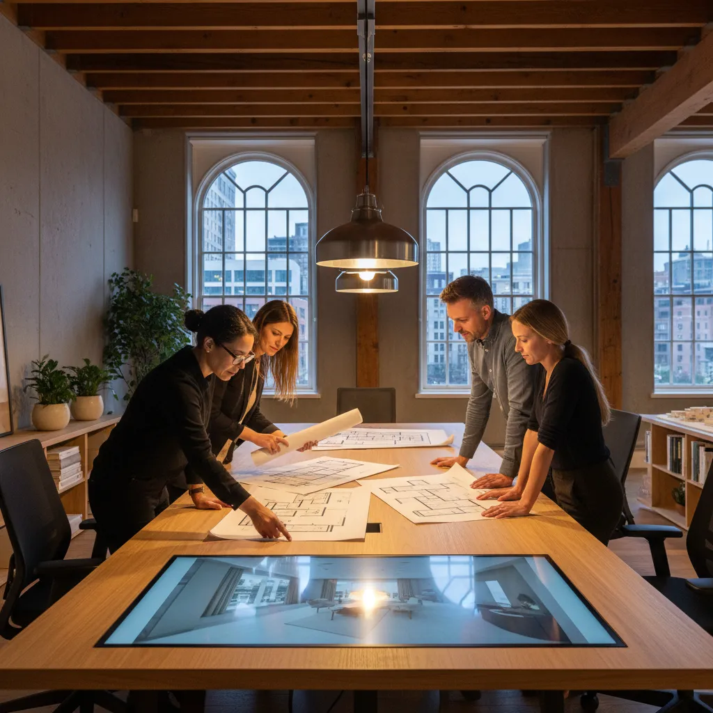 Equipo revisando planos y renders de un proyecto de interiorismo