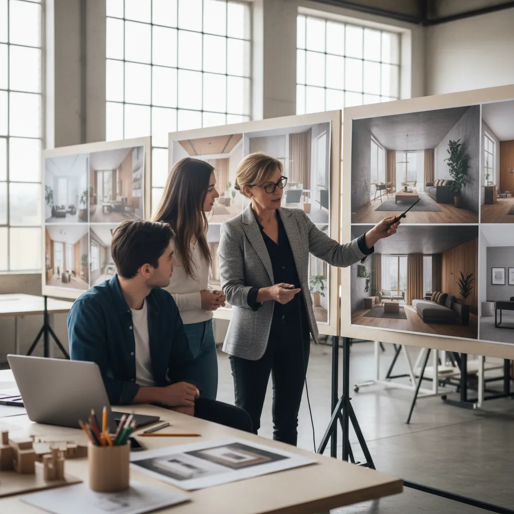 profesor revisando proyecto de diseño de interiores con estudiante