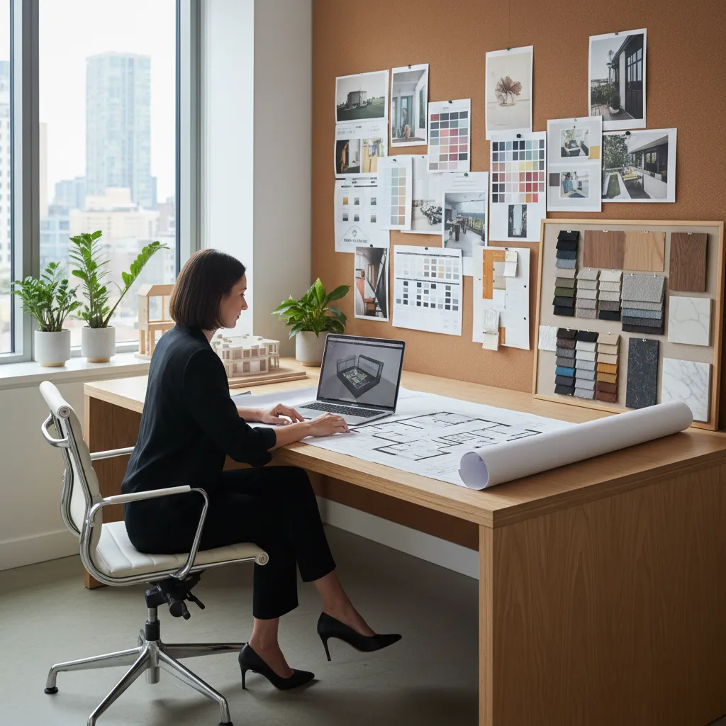 Diseñador de interiores revisando planos y muestras de materiales