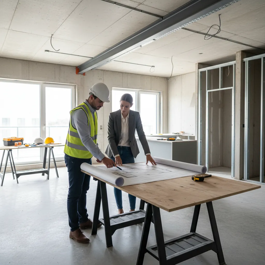 interior designers and contractors discussing plans at a construction site
