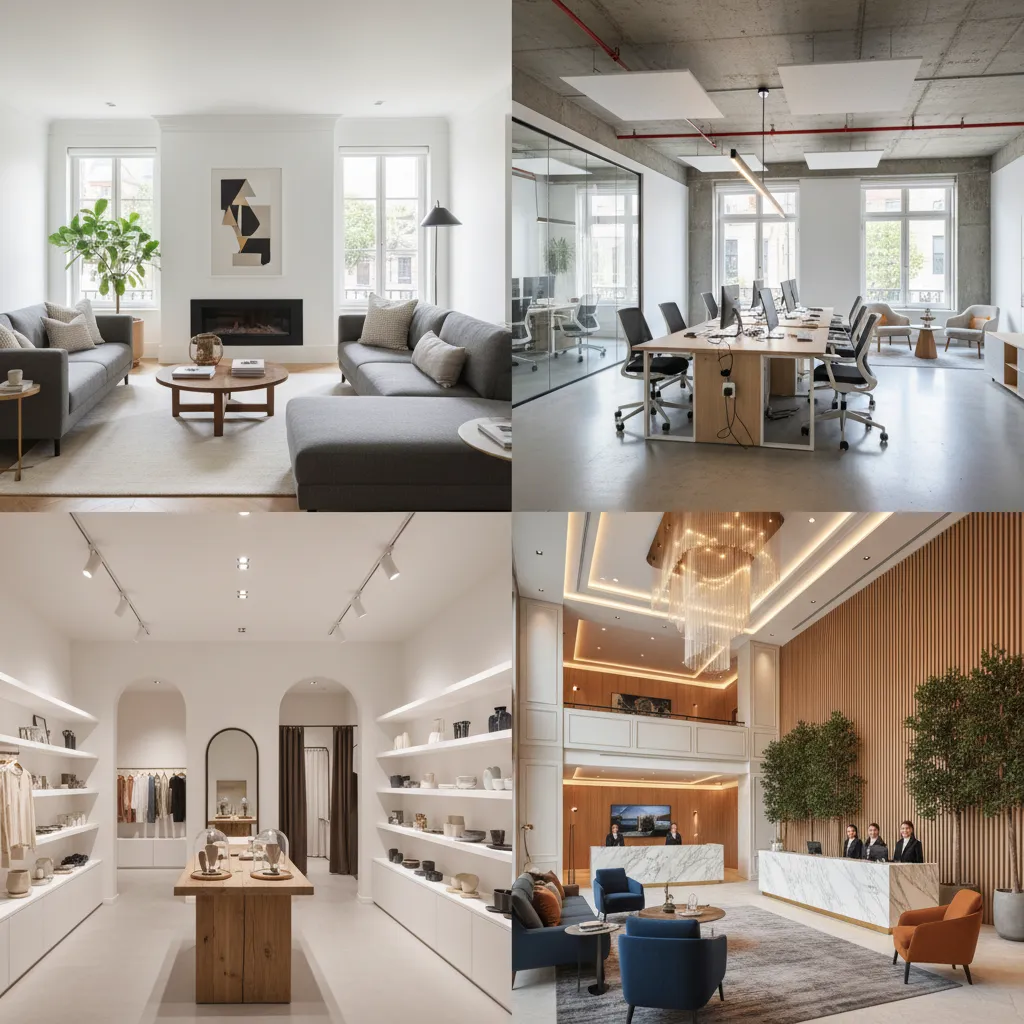 Four interior design scenes featuring a living room office retail store and luxury hotel reception