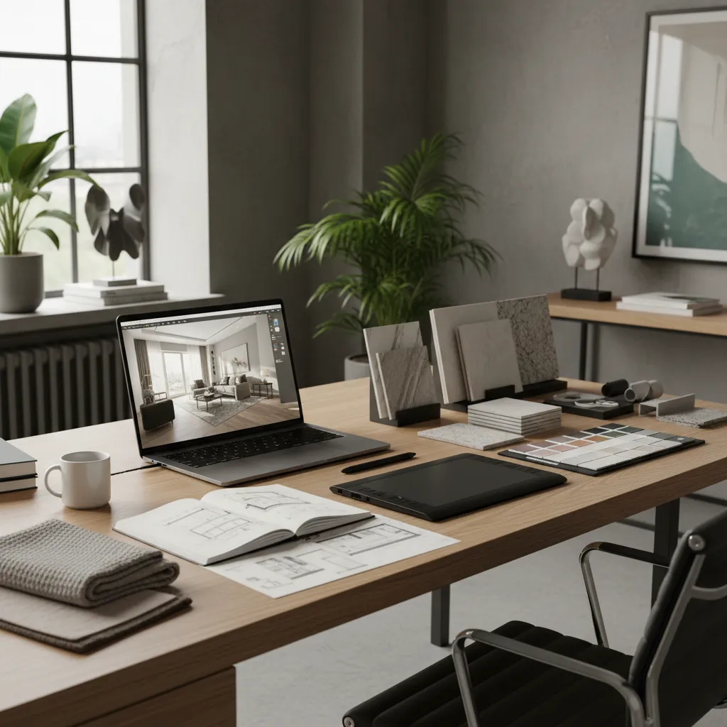 Diseñador trabajando en laptop con modelo 3D de apartamento