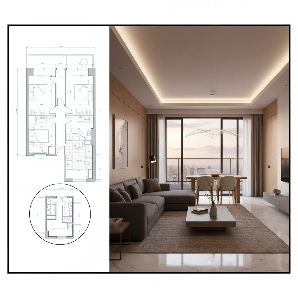 Composición de plano arquitectónico y render interior en una lámina de proyecto