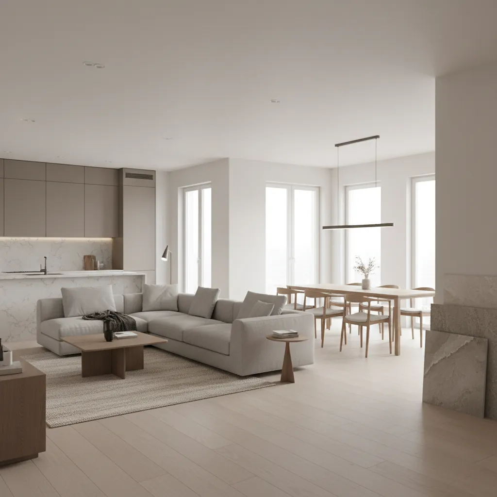 Realistic interior visualization showing furniture layout before renovation