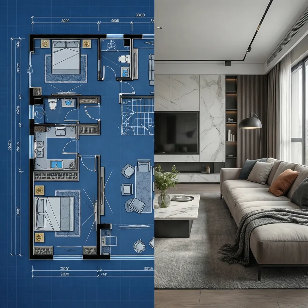 Comparación entre plano técnico y render 3D de un mismo espacio interior