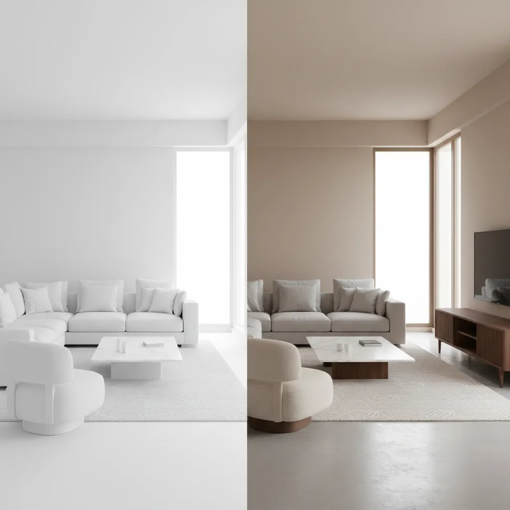comparison between simple layout and realistic interior render created with design software