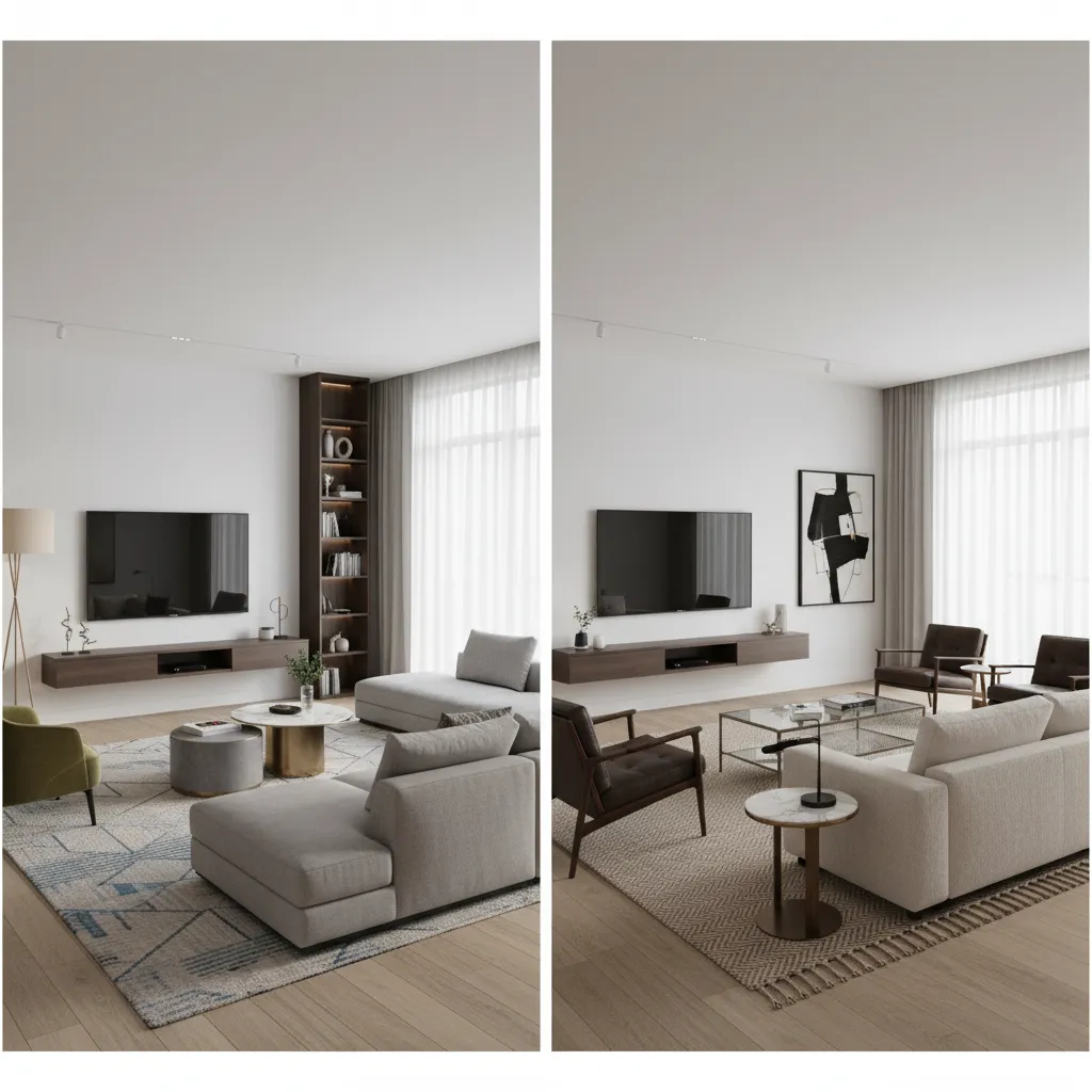 two interior design 3D render variations comparing furniture layout options