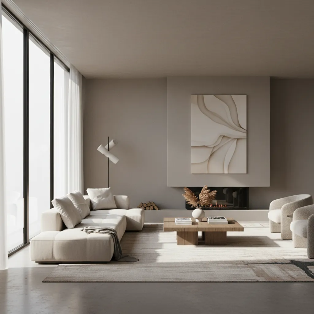 Minimalist living room with beige sofa wooden coffee table large windows and wall art fireplace