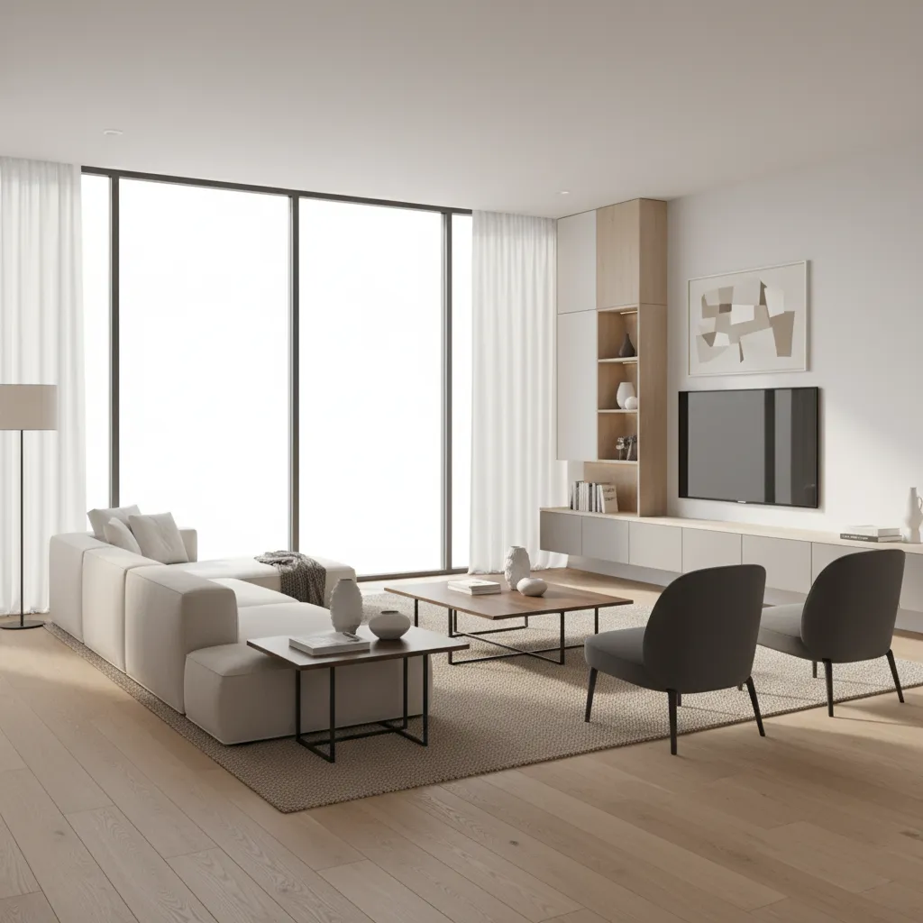 Render realista de sala de estar moderna con iluminación natural