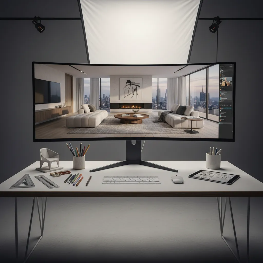 Pantalla mostrando render fotorrealista de un salón diseñado