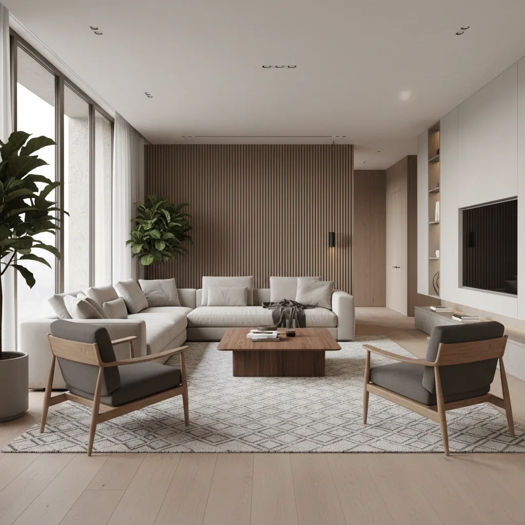 Modern living room with grey sofa wood wall panel large windows and bright natural light