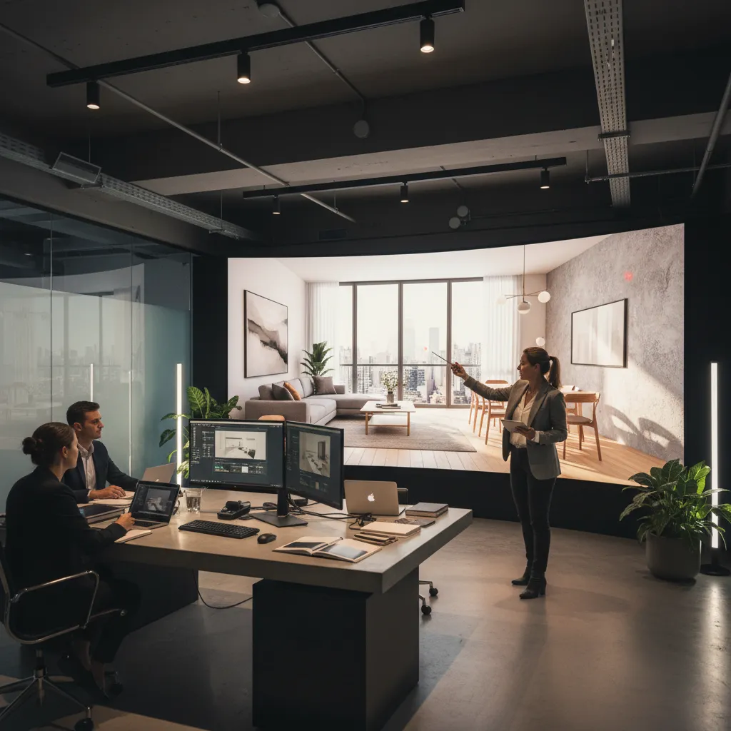 Presentación de render de diseño de interiores en pantalla