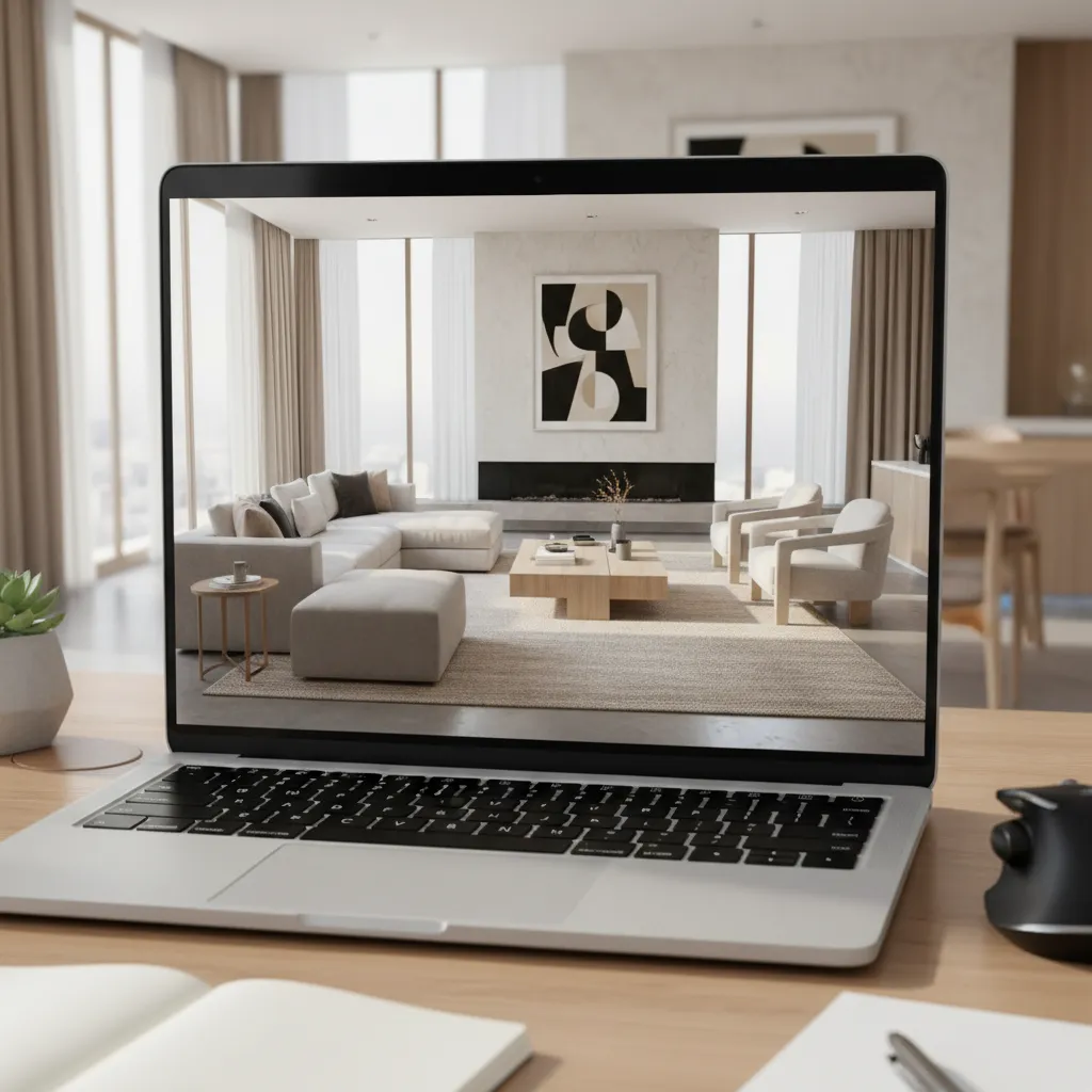 Pantalla mostrando renders de interiorismo usados en un portafolio