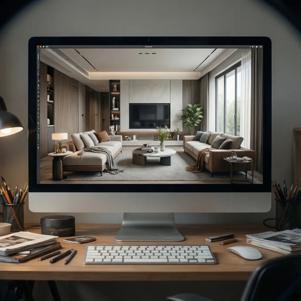 Computer monitor on wooden desk displaying a modern living room interior design drawing with sofas