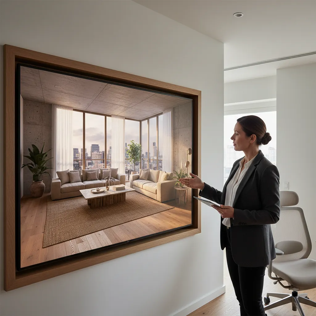 Render realista de sala de estar revisado por diseñadora