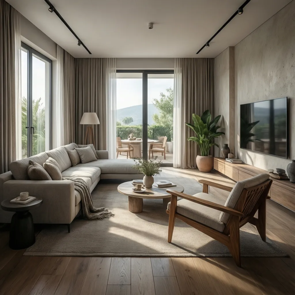 Render realista de diseño interior mostrando salón antes de la reforma