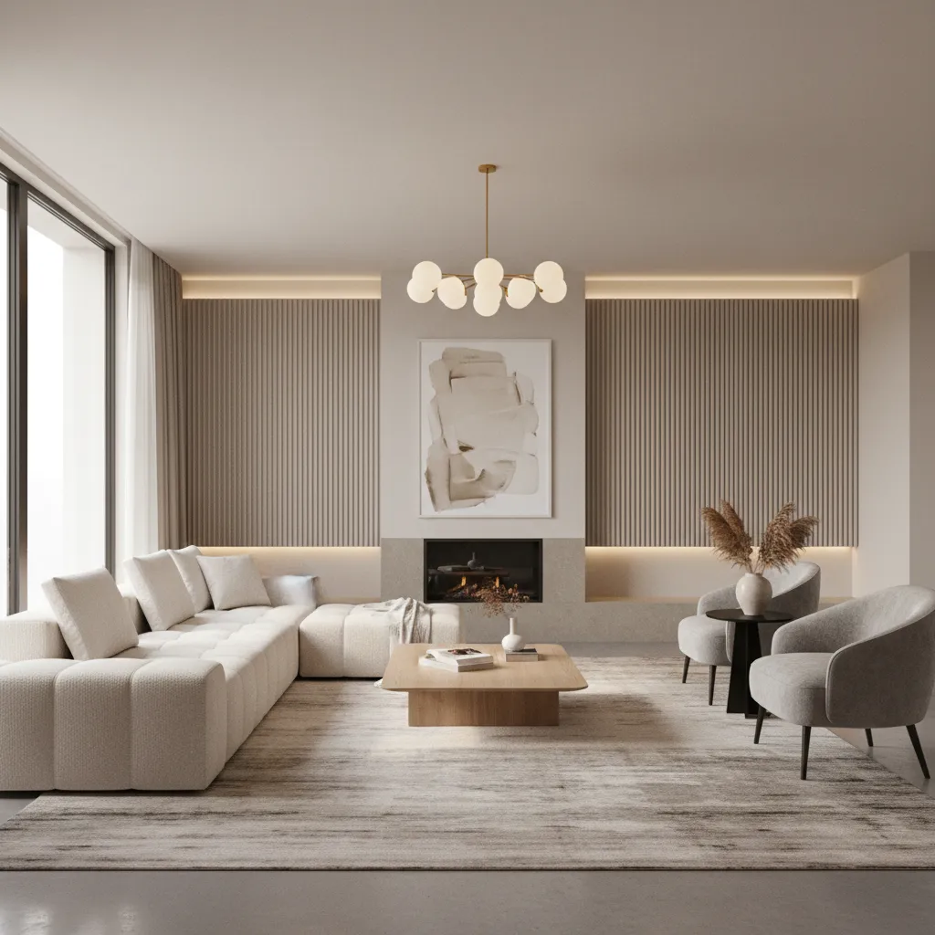 Render realista de una sala moderna con iluminación suave