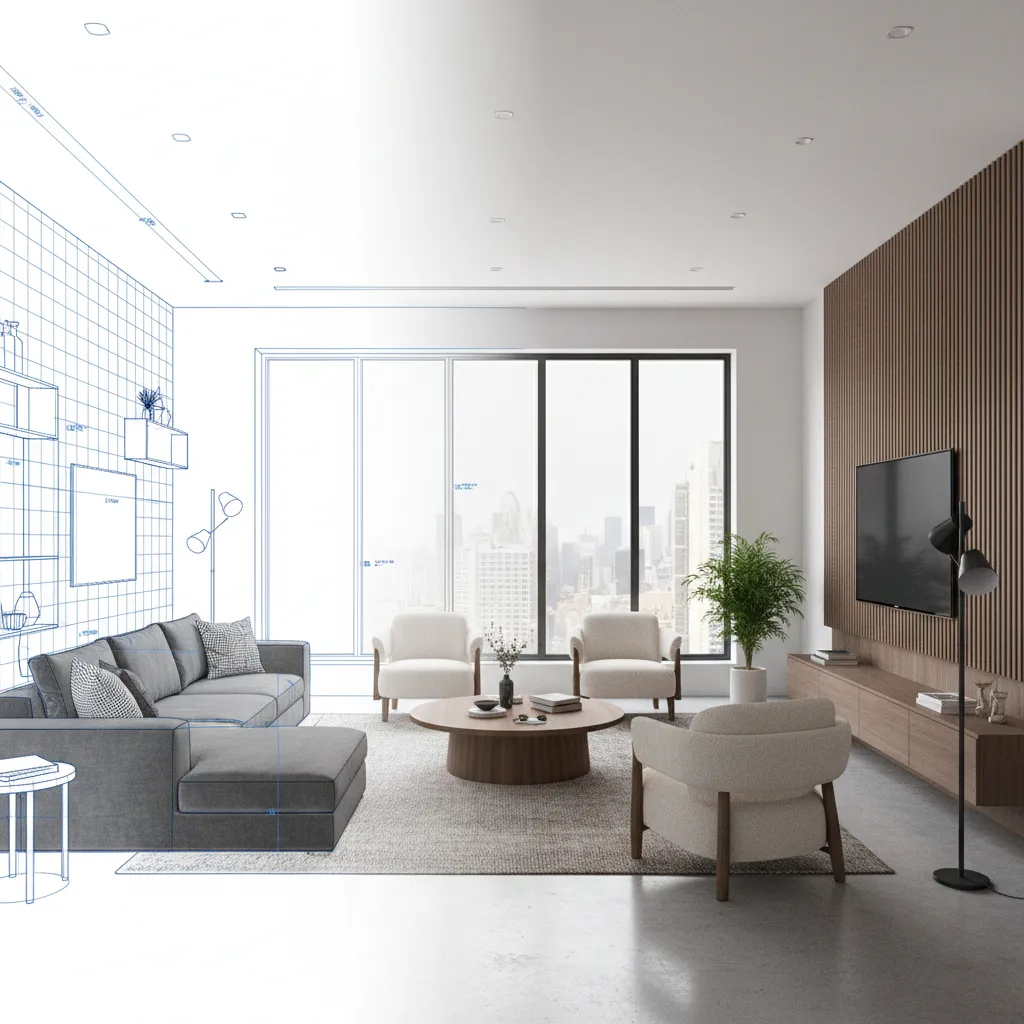 Living room design split between blue line drawing and finished look with grey sofa and TV
