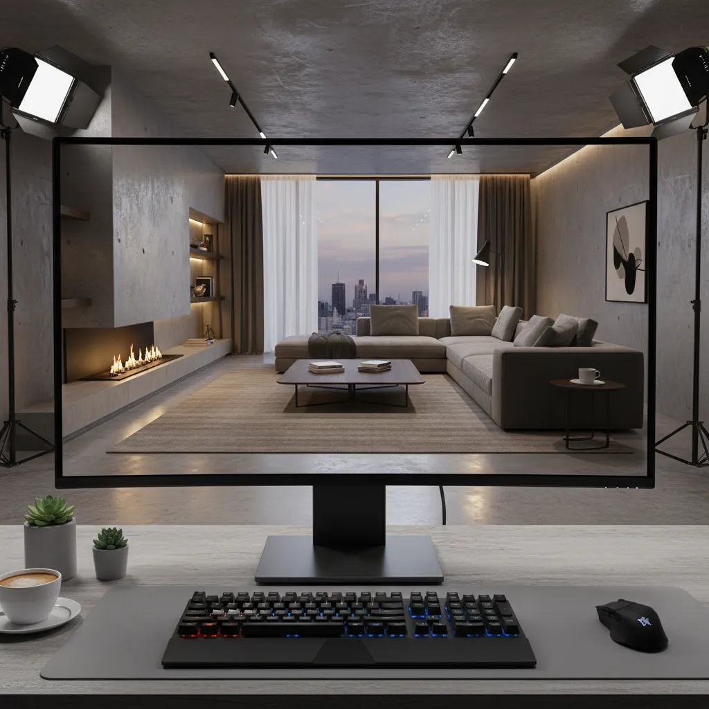 Computer monitor showing modern living room design with grey sofa and fireplace in studio setup