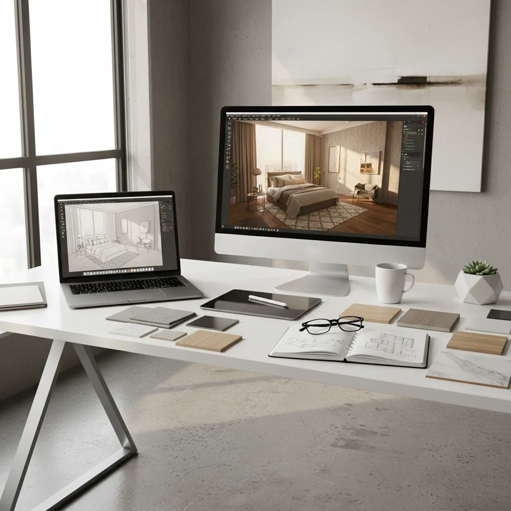 Interior designer workflow showing modeling and rendering stages