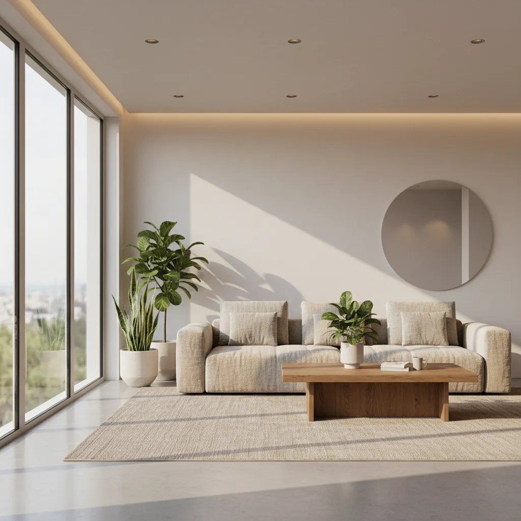Photorealistic interior render showing lighting materials and furniture details