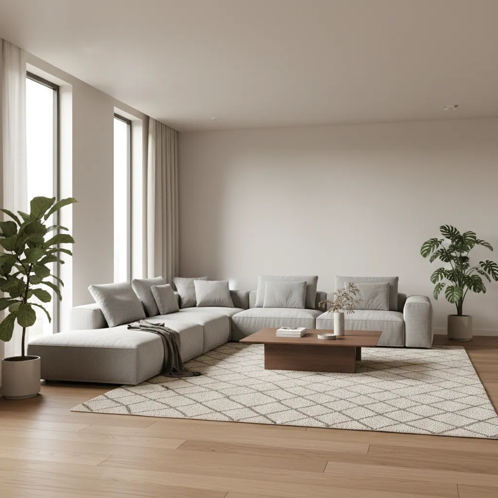 photorealistic living room interior rendering with natural light and modern furniture