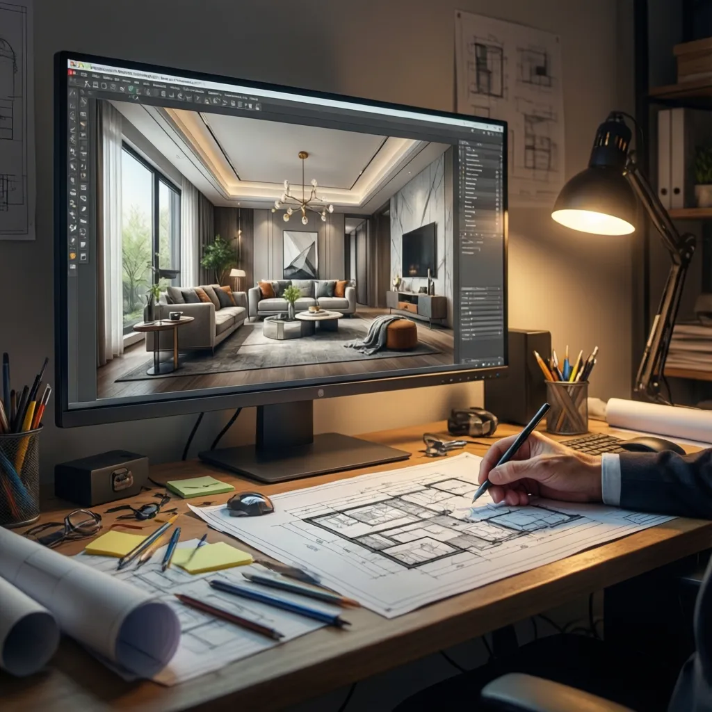 designer reviewing photorealistic interior rendering on large screen