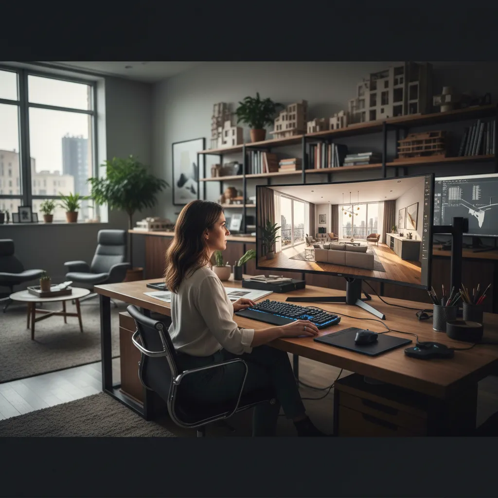 Diseñador de interiores trabajando en renderizado 3D de una vivienda