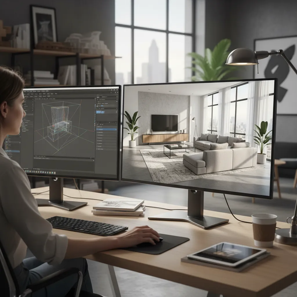 Diseñador creando un render 3D de un salón moderno