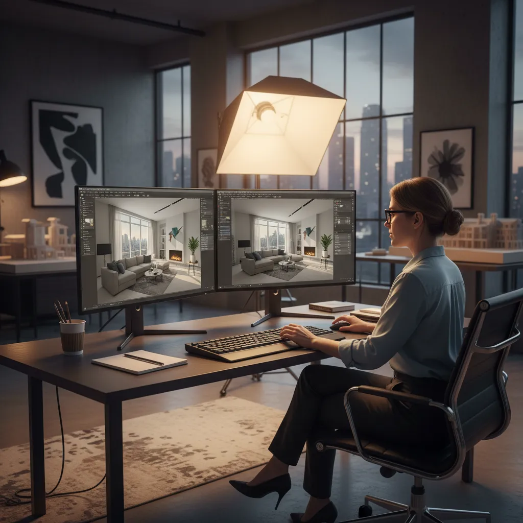 Designer working on interior design drawing using two computer screens in a modern office studio