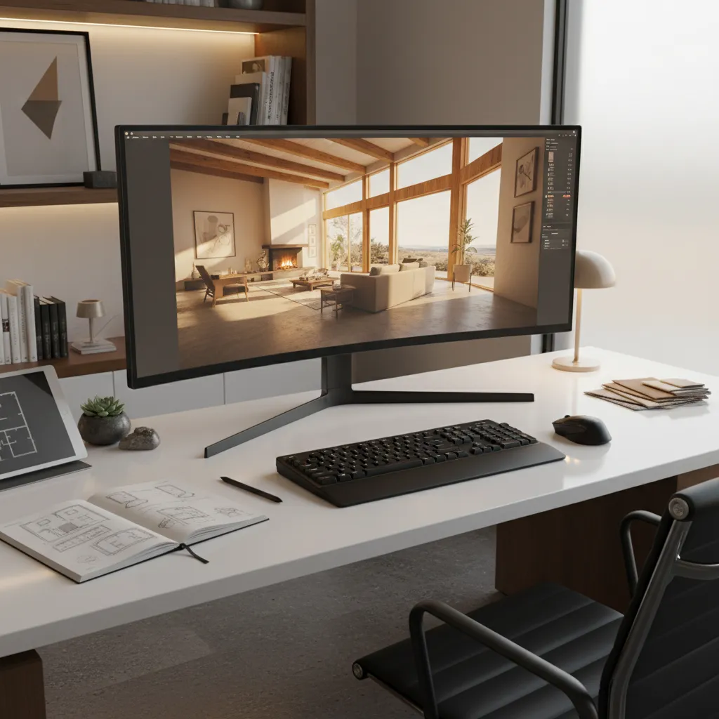 Estación de trabajo mostrando render realista de un interior