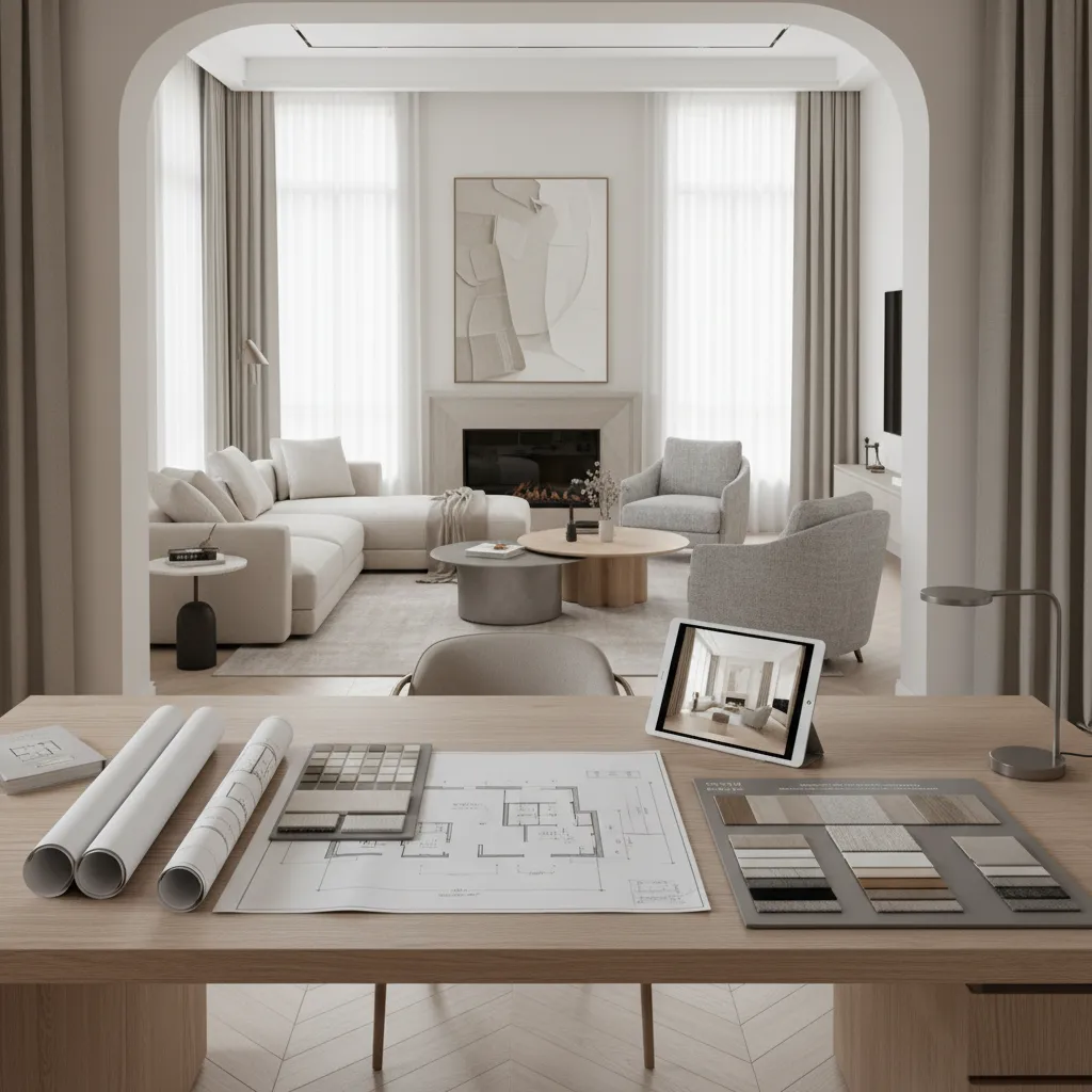 designer reviewing residential living room layout with materials and plans