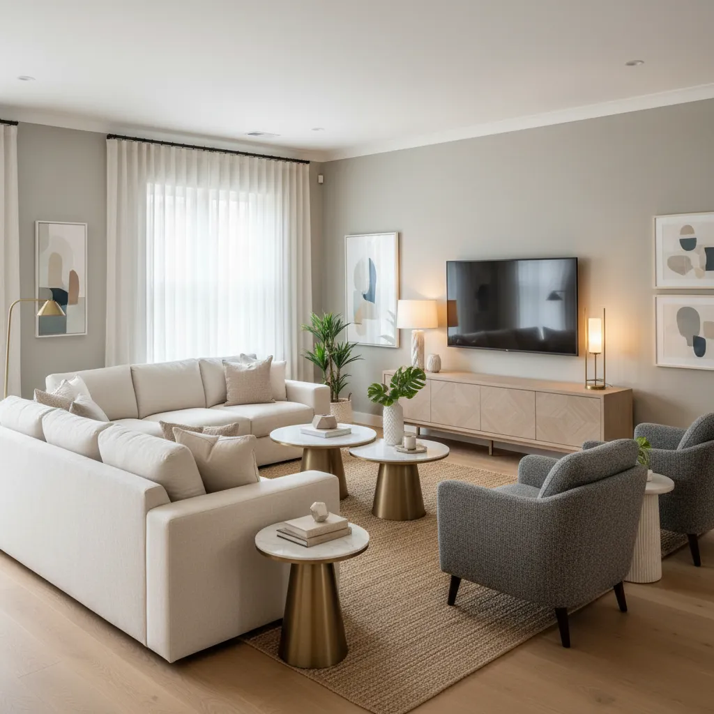 Elegant living room featuring white sofa gray chairs gold coffee tables and television on cabinet