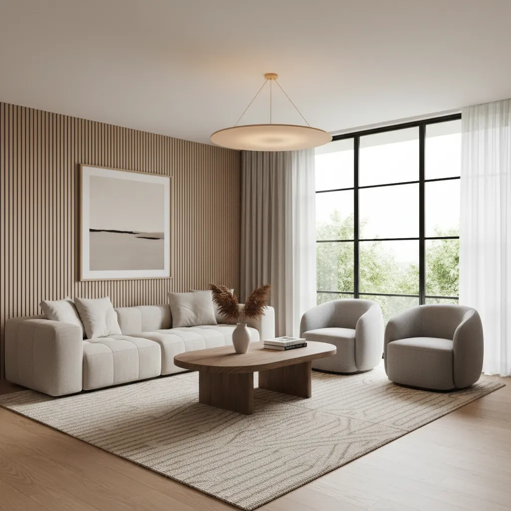 Modern living room featuring wood wall panel, sofa, grey armchairs, coffee table and ceiling light