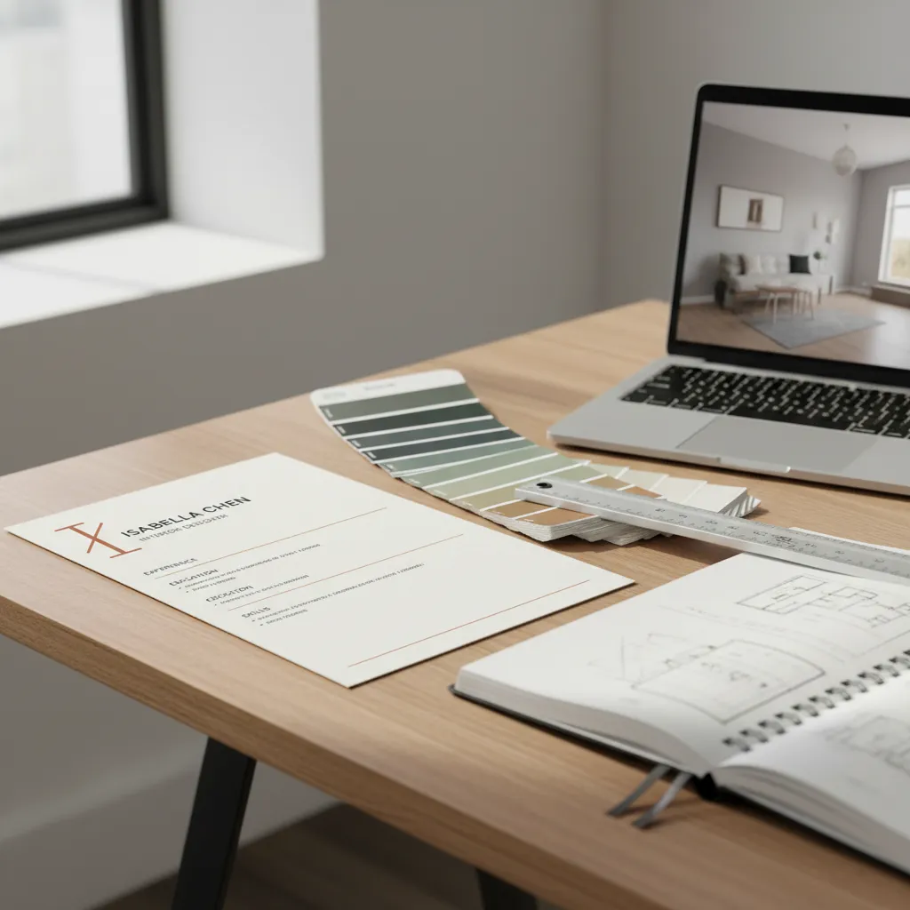 Ejemplo de diseño limpio de curriculum para interiorismo sobre un escritorio creativo