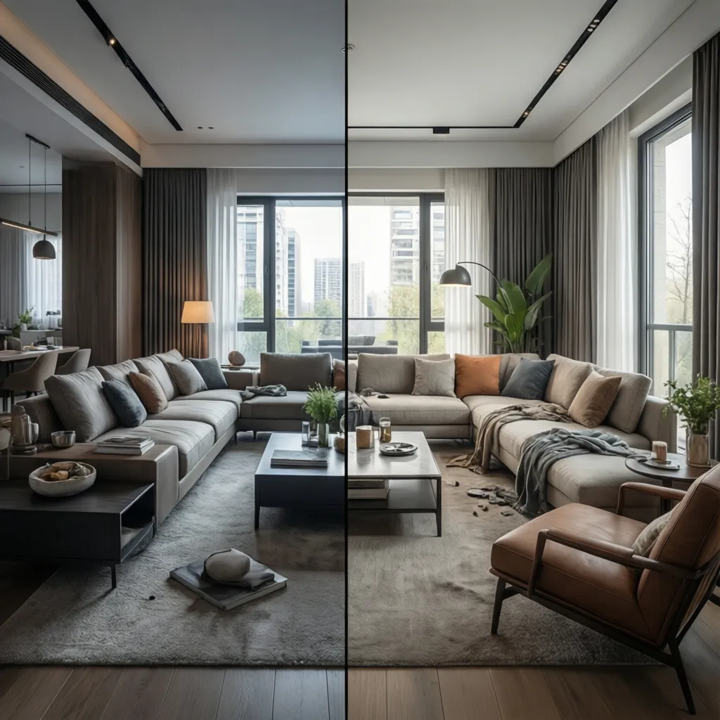 side by side interior renderings showing design revisions for a living room