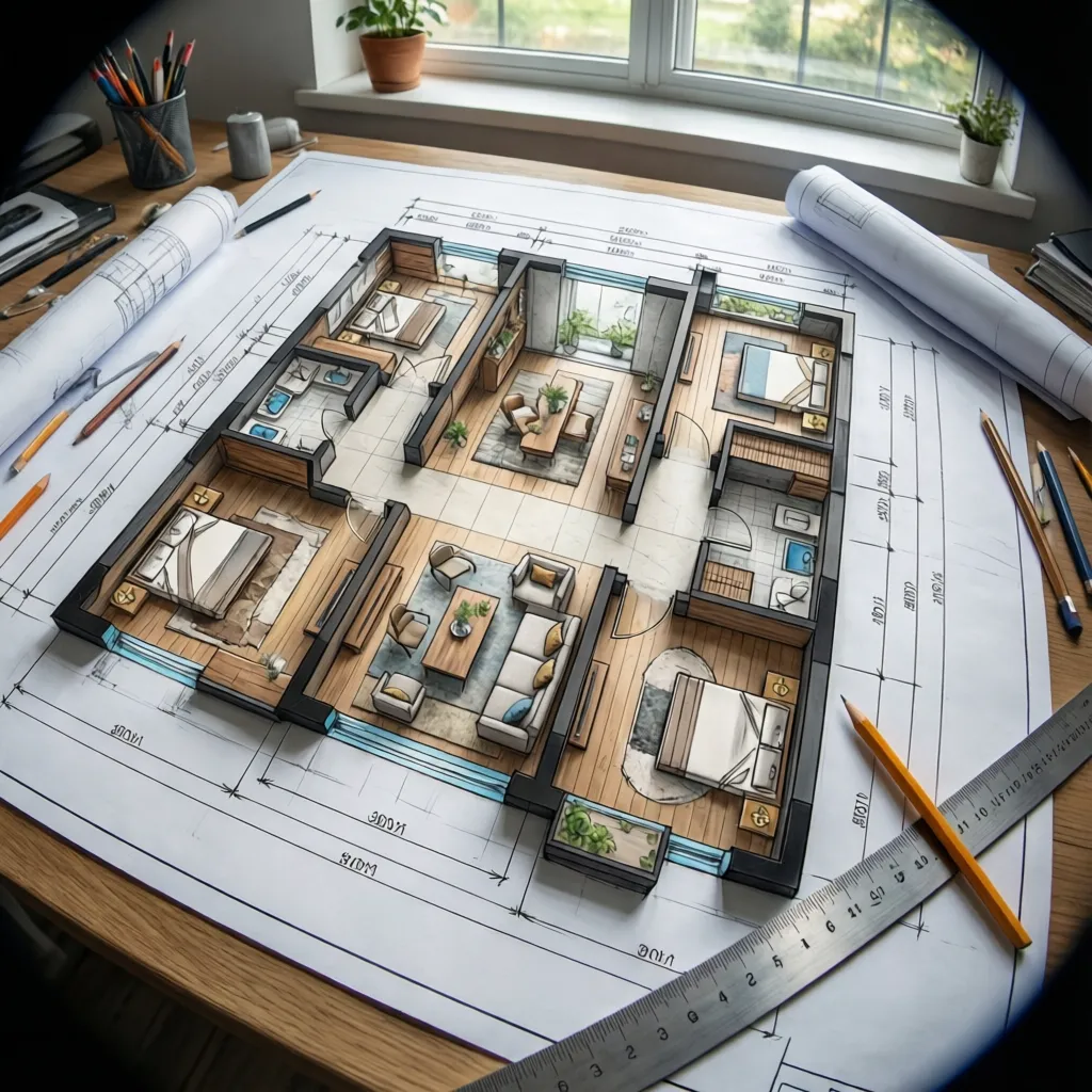 Plano de habitación con medidas y distribución de muebles