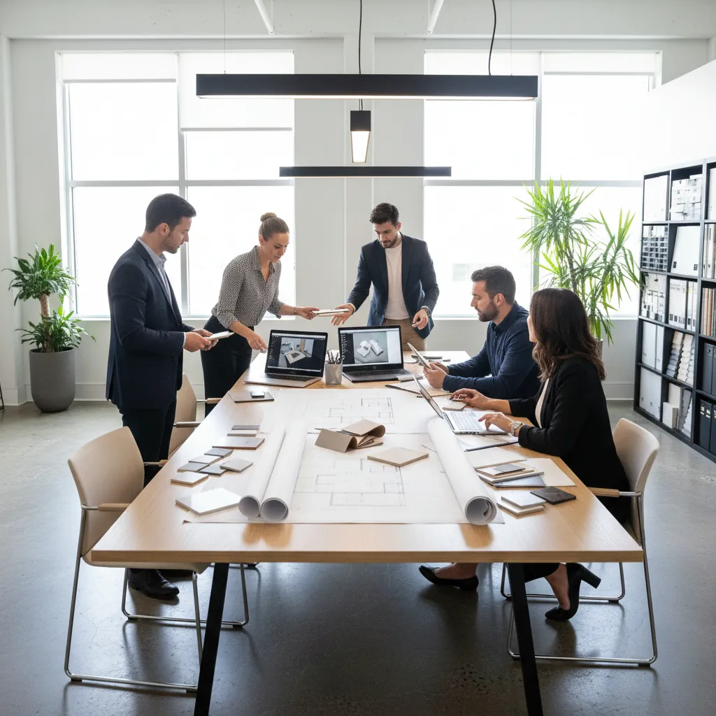Equipo de diseño revisando planos en una mesa de trabajo