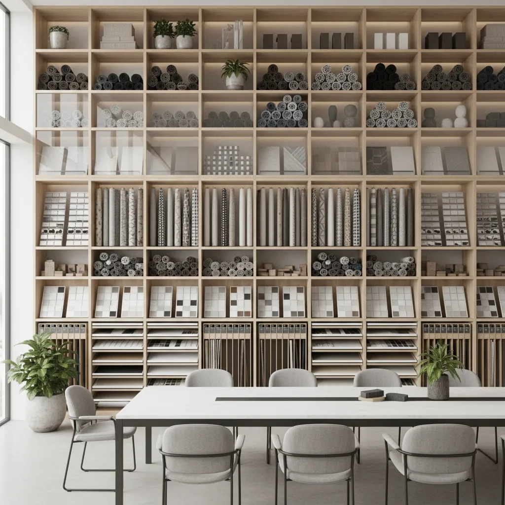 Organized interior design material library with fabric and tile samples