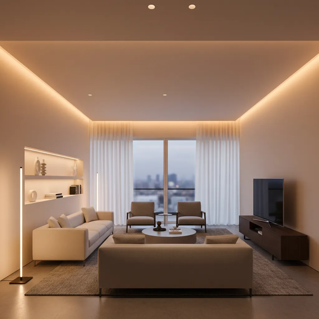 Sala bien proporcionada con iluminación arquitectónica